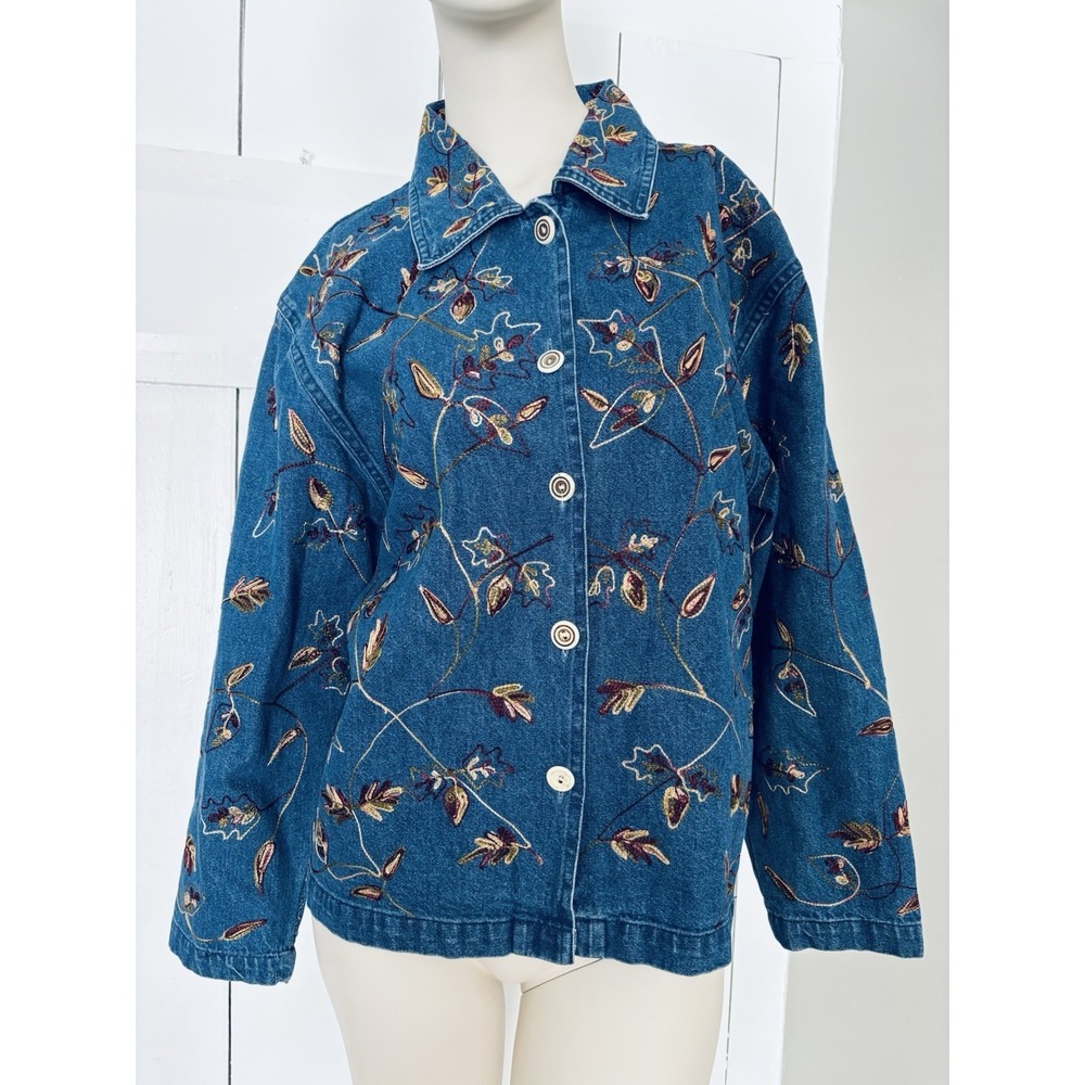 Vintage‎ Tantrums Embroidered Floral Denim Shirt Jacket Button Front Fall Leaves